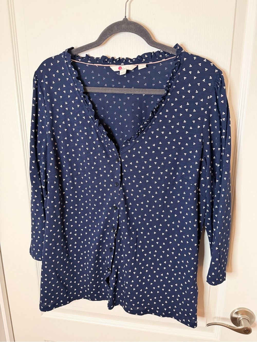 Boden Navy Blue  Button Front Blouse with white print
